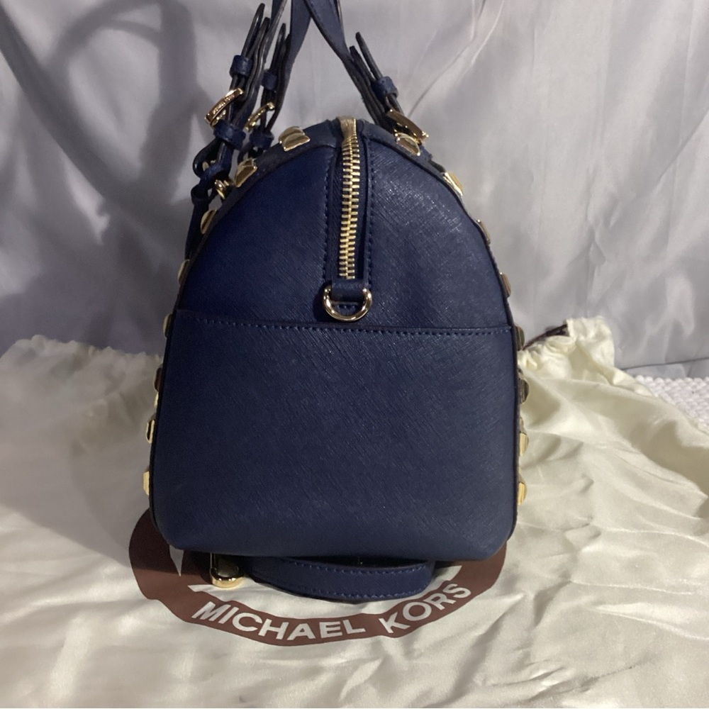 MICHAEL Kors Navy Blue Gold Studded Leather Grayson Satchel with Long Strap - Picture 7 of 13